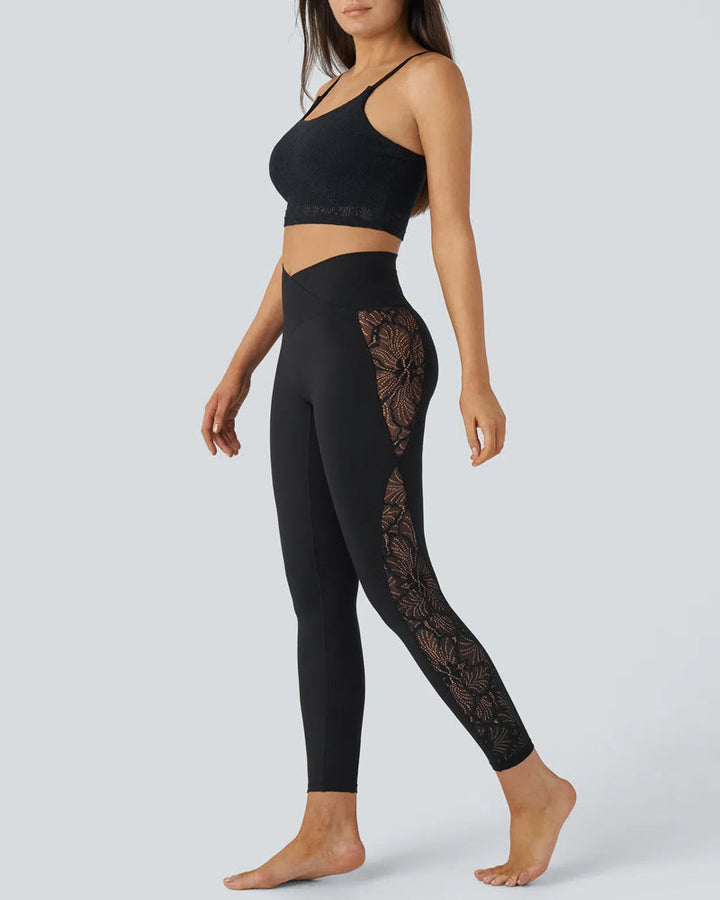 Stijlvolle Yoga Legging Met Hoge Taille, Overlappend Contrast Kantpaneel